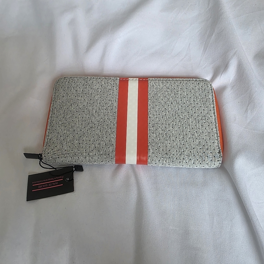 Haute Shore Neoprene Gray Wallet With Orange And White Racing Stripes NWT
